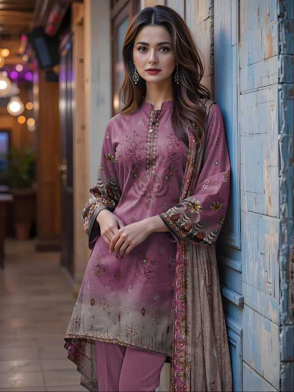 3 Pcs Women's Unstitched Embroidered & prented Suit